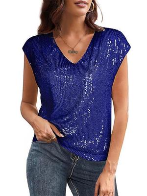 Summer Women's Sexy V-neck Sequin Shiny Party Vest T-shirt