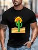 Unisex Crew Neck Tee Retro Desert Cactus Sun Cartoon Print Short Sleeve Oversized Male Daily Casual Soft Breathable Basic Wear Top