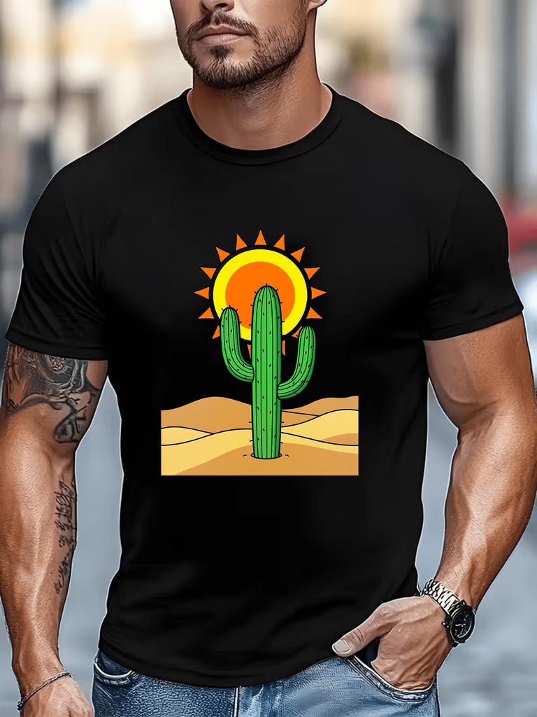 Unisex Crew Neck Tee Retro Desert Cactus Sun Cartoon Print Short Sleeve Oversized Male Daily Casual Soft Breathable Basic Wear Top