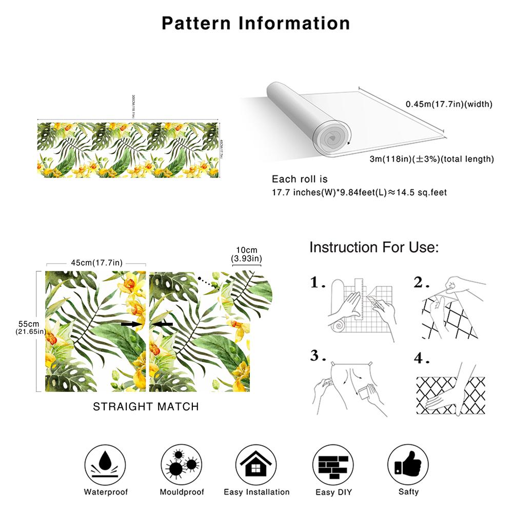 1pc Forest Peel And Stick Floral Wallpaper Palm Banana Leaf Design Removable Waterproof White/Green/Yellow Boho Home Decor
