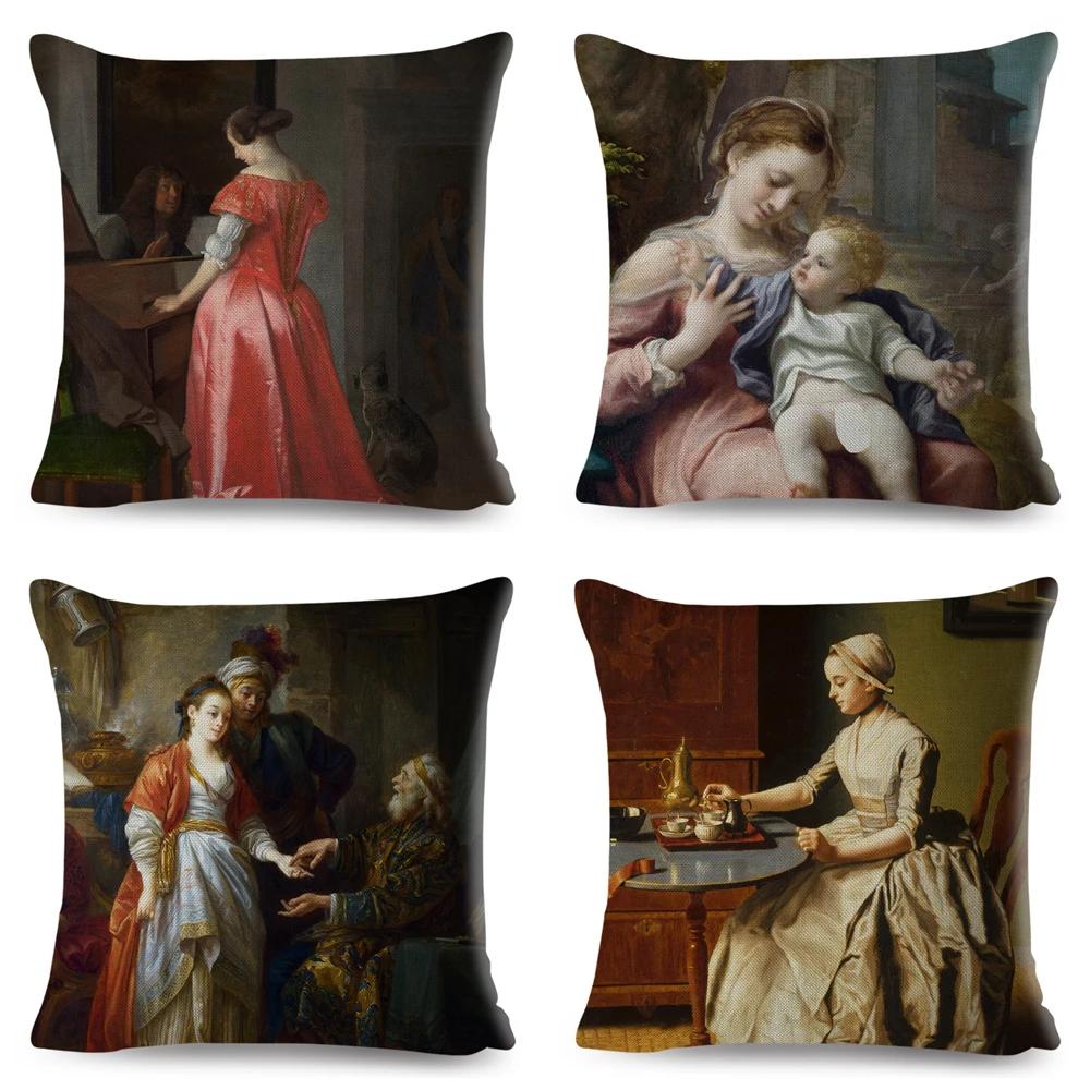Vintage Style Woman Cushion Cover Decor Europe Lady Girl Print Pillowcase 45*45Cm Polyester Pillow Case For Sofa Home Car