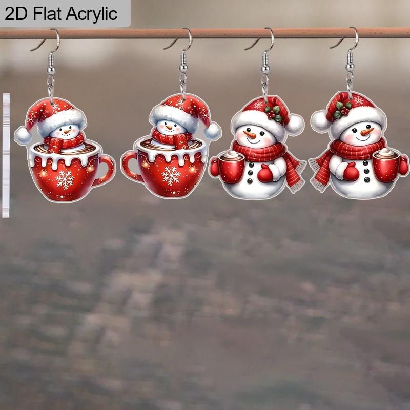 

2 пары милых красных акриловых серег в виде рождественского снеговика и стаканчика с мороженым, рождественские подарки для семьи и друзей 2 Pairs красный