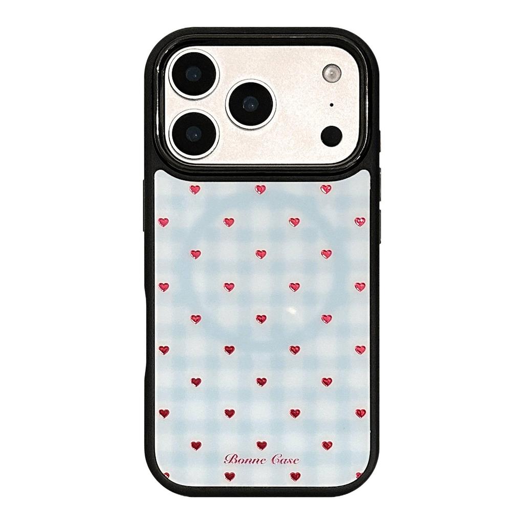 Gilded Blue Plaid Heart Magnetic Phone Case for iPhone 12-17 Pro Max