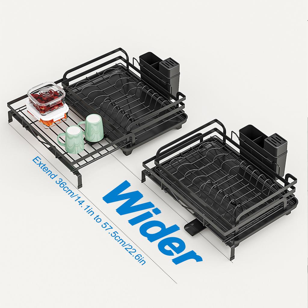 Dish Drainer Rack, Expandable Dish Drying Rack with Cutlery Holder and Swivel Drainage Spout, Dish Rack for Kitchen Counter