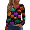 Women's Casual Long Sleeve V-Neck T-Shirt with Halloween Print and Decorative Buttons