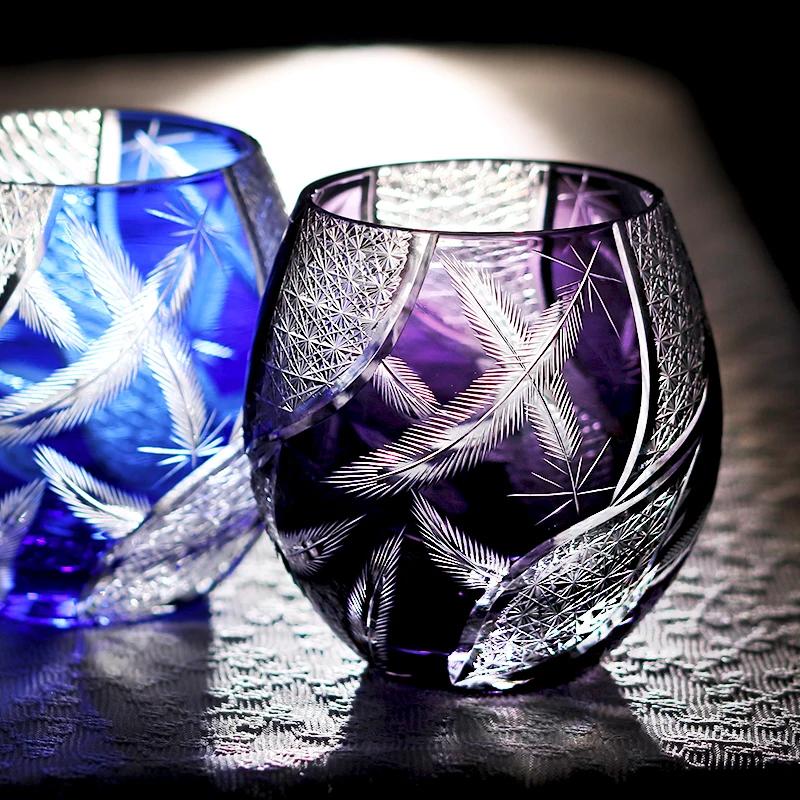 Handmade Edo Kiriko round Curved Rocks Glass Tumbler Colorful Japanese Style Whiskey Glasses with Gift Box for Cocktail Lovers