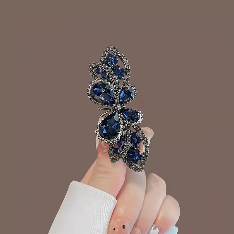 1Pcs Alloy Butterfly Spring Hair Clip, Exquisite Glass Crystal Elegant Horizontal Top Clip for Half Up Hairstyle