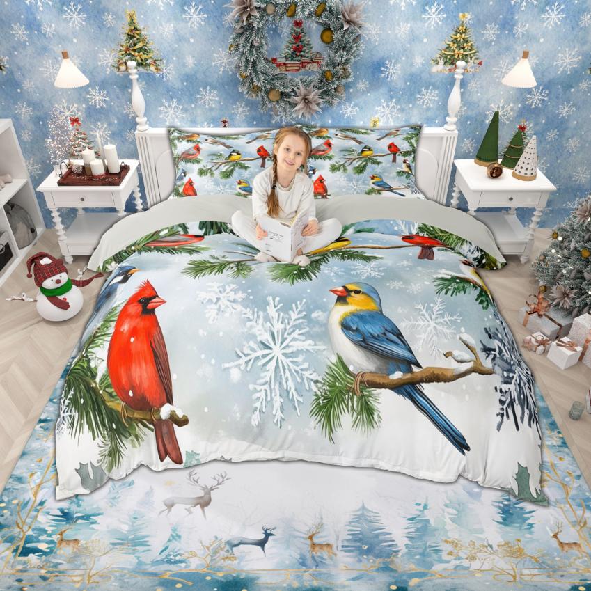 Homewish Cartoon Santa Claus Duvet Cover Set for Boys Girls, Christmas Tree Bedding Set, Snowflakes Snowman Bed Set