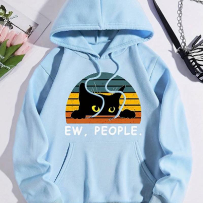 Womens Colorful Striped Cat Print Loose Hoodie Tops Blouse Sweatshirt Casual Long Sleeve Pullover Tops