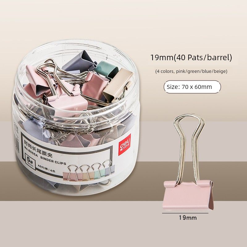 

Grade Three Class Two Deli Large Long Tail Clip Office High-Looking Color Metal Binder Clip Ticket Folder 19mm(40 Pats/barrel) 4 colors