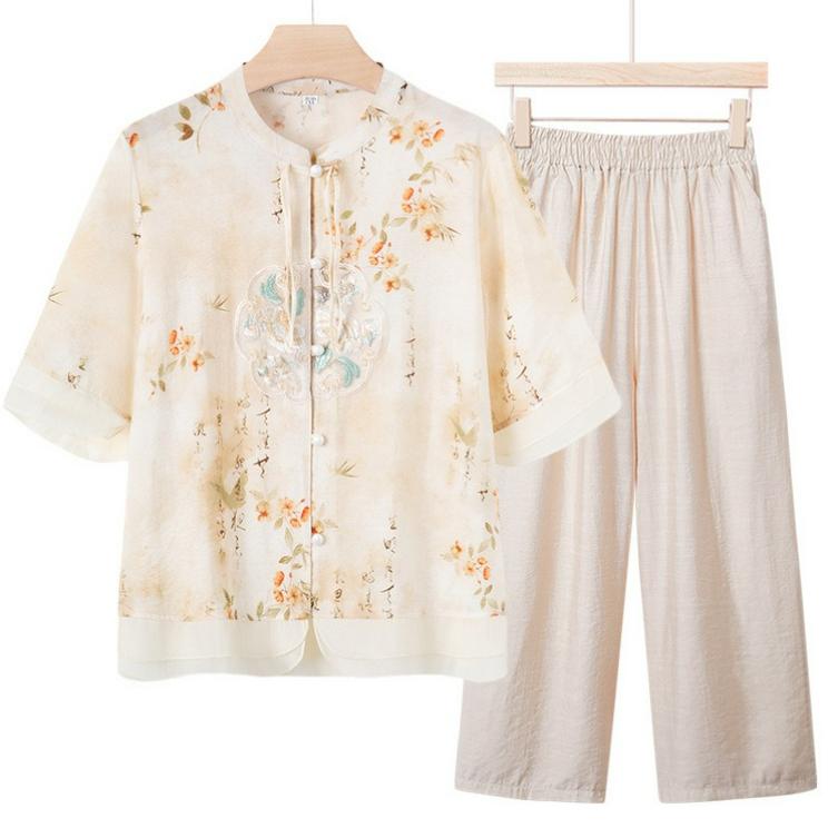 

Летнее платье для мамы, Костюм в западном стиле, Женская летняя рубашка в китайском стиле, национальный стиль, Костюм из двух предметов L бежевый