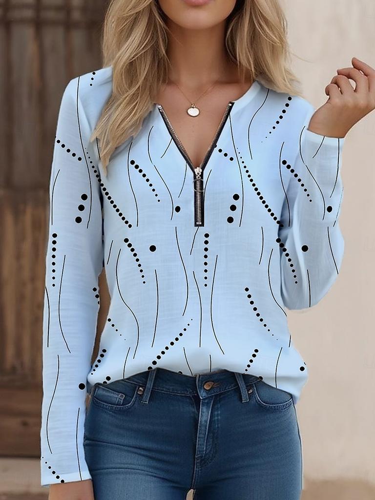 Women's T Shirt Quarter Zip Long Sleeve Casual Graphic Polka Dot Elegant Vintage Stylish V Neck Regular Tops