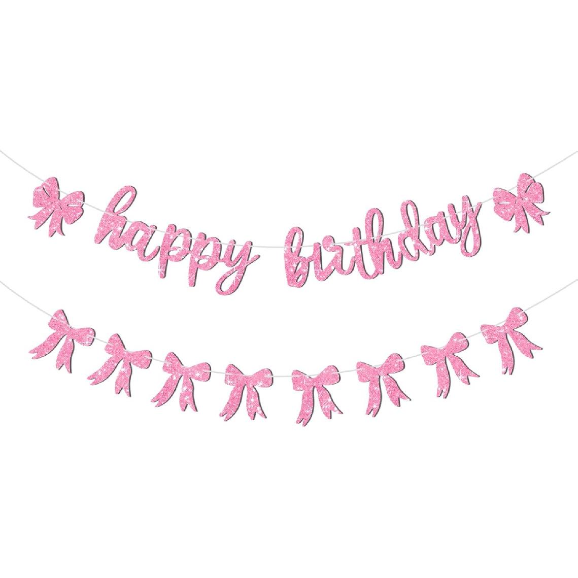 Happy Birthday Bow Banner-Glitter Pink Birthday Banner for Women Coquette Decorations for Coquette Party Bow Party Decorations Pink Supplies.