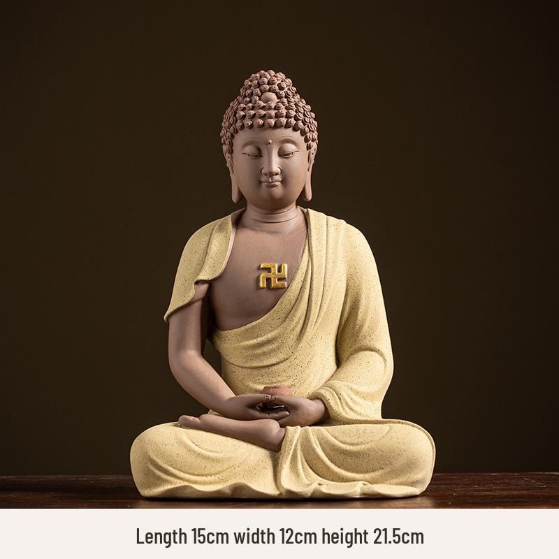 Keramik Shakyamuni Buddha Statue - Wohnzimmer Kunstwerk mit den Drei Heiligen und Lichtkreis Design