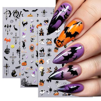 Halloween Theme Nail Decals Art Stickers, 5D Embossed Skull Pumpkin Ghost Decorative Decals, Waterproof Self Adhesive Manicure Decoration Stickers
