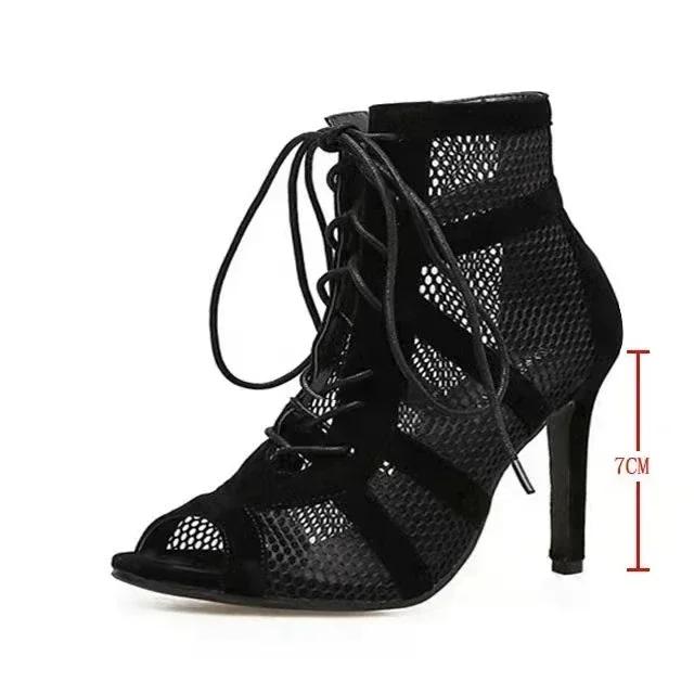 

Sexy High Heels Hollow Mesh Sandals Women Summer Cross-tied Peep Toe Heeled Sandals Ankle Strap Dance Shoes Black Net Sandals 35