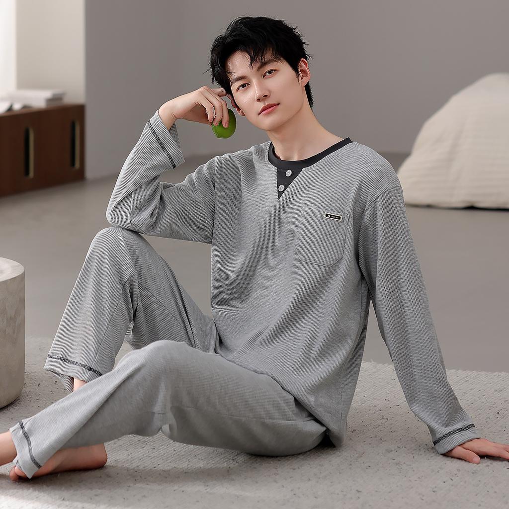Pajamas Men'S Spring And Autumn Waffle Cotton Long Sleeve Autumn Cotton Large Size Casual Loungewear Set