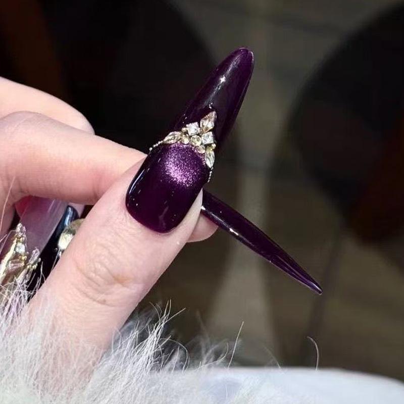 Luxurious Purple Cat Eye Zirconia Nail Art - Sparkling Handcrafted Autumn/Winter Collection