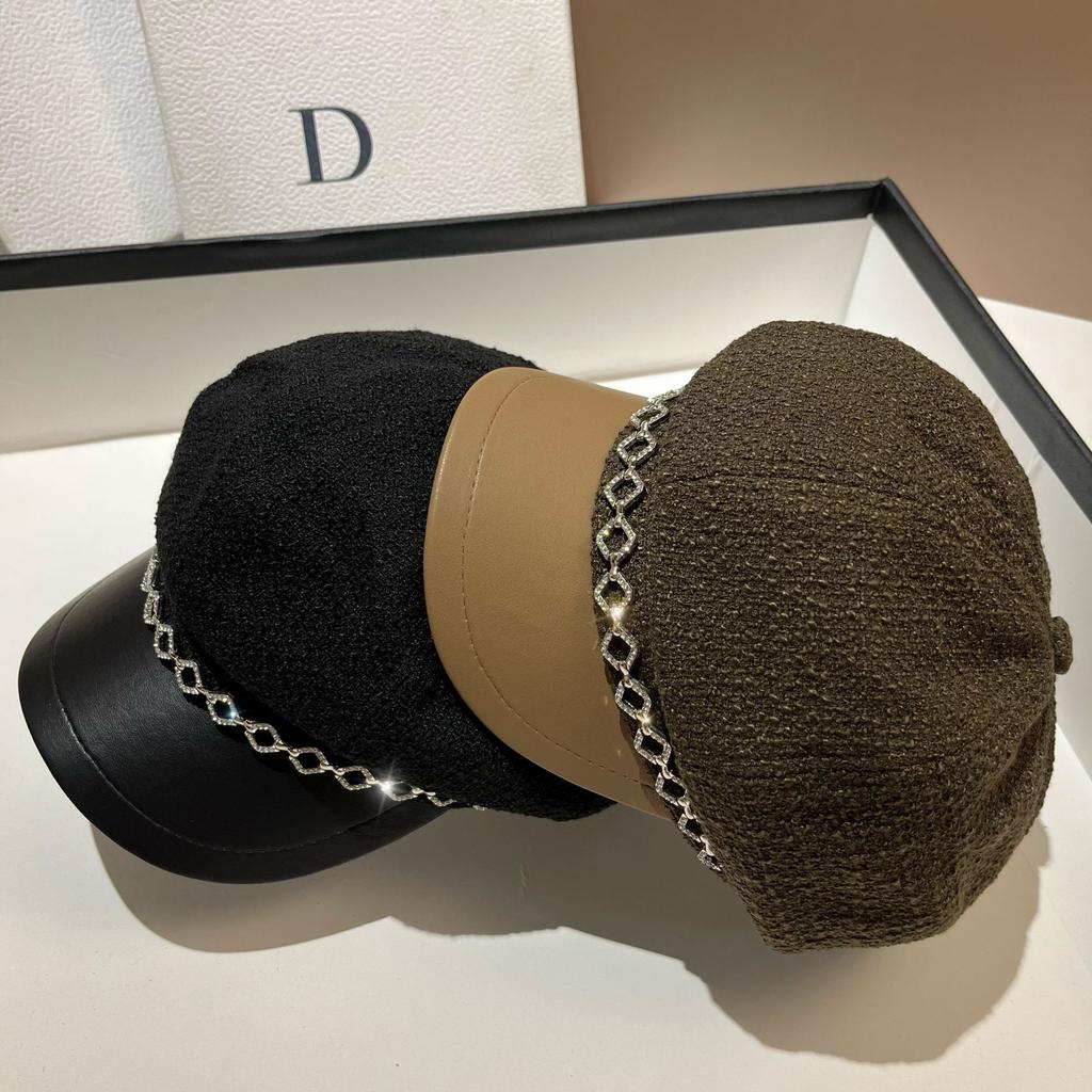 Dongdaemun Tail Order High Quality Fine Flash Small Fragrant Wind Octagonal Hat Spring And Autumn Versatile Rhinestone Rough Tweed Newsboy Hat Girl