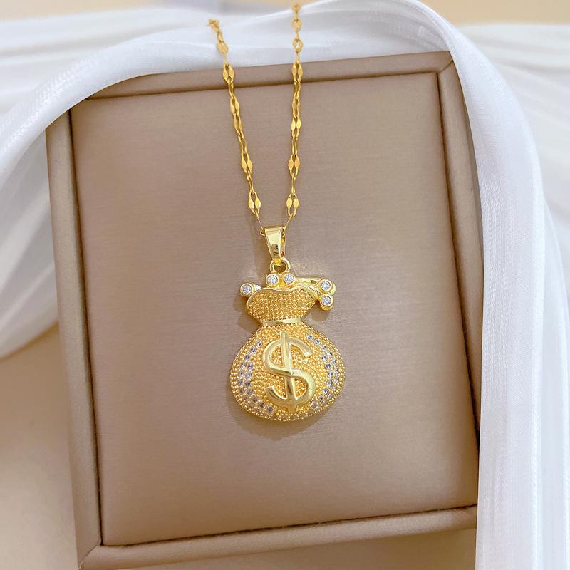 Full Diamond Money Bag Lucky Bag Light Luxury Temperament Gorgeous Full Diamond Necklace Female Versatile Collarbone Chain Titanium Steel Chain