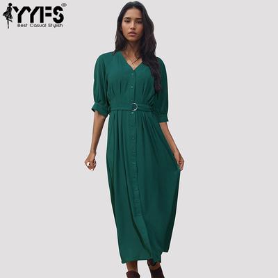 Mit Gürtel Damenmode Sommer Frühling Einfarbiger Druck 1/2 Ärmel V-Ausschnitt Mittlere Taille Freizeitkleider