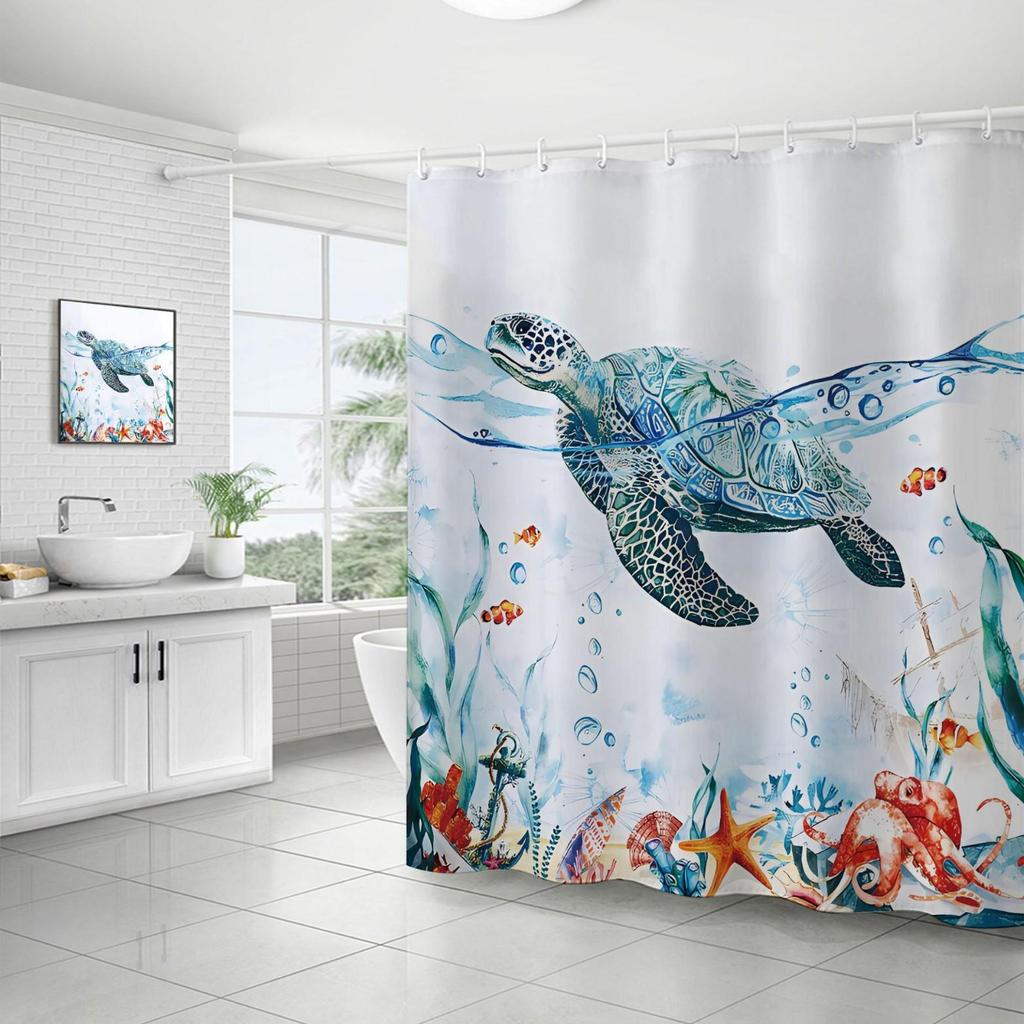 Coastal Marine Shower Curtain: Dolphin, Starfish, Seahorse, Seashell, Sea Turtle - Moisture-Proof, Mildew-Resistant, Waterproof, Beach Bathroom Décor