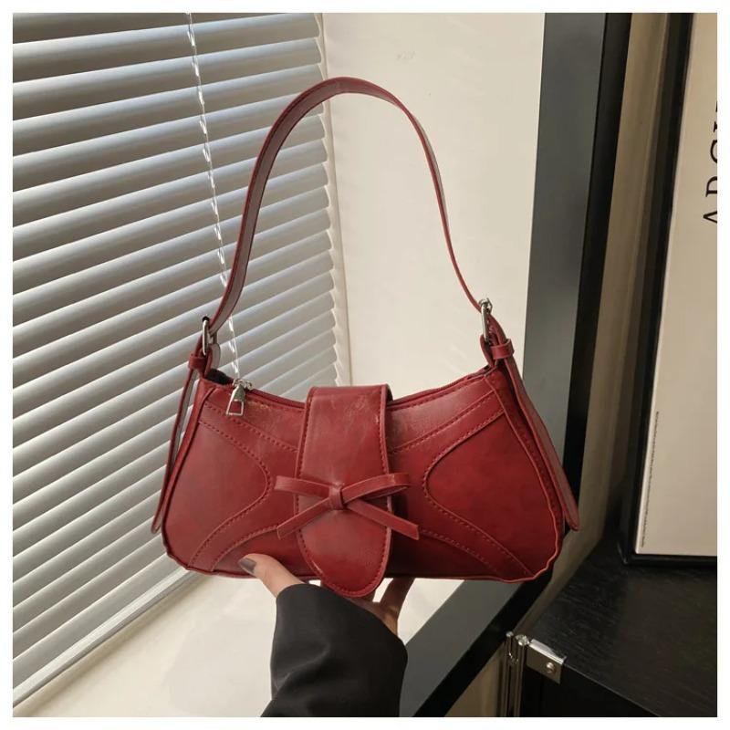 Sweet Bow Thread Design Women Shoulder Bags Simple Versatile Ladies Handbags Purse Portable Solid Color Female Pu Underarm Bag