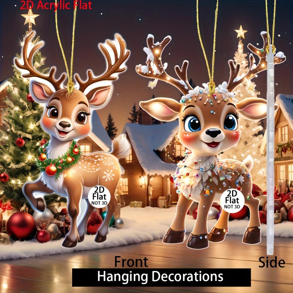 Cute Elk Baby with Christmas Lights Acrylic 2D Flat Pendant Christmas Tree Decoration  Pendant Car Rearview Mirror Pendant Holiday Decoration Pendant