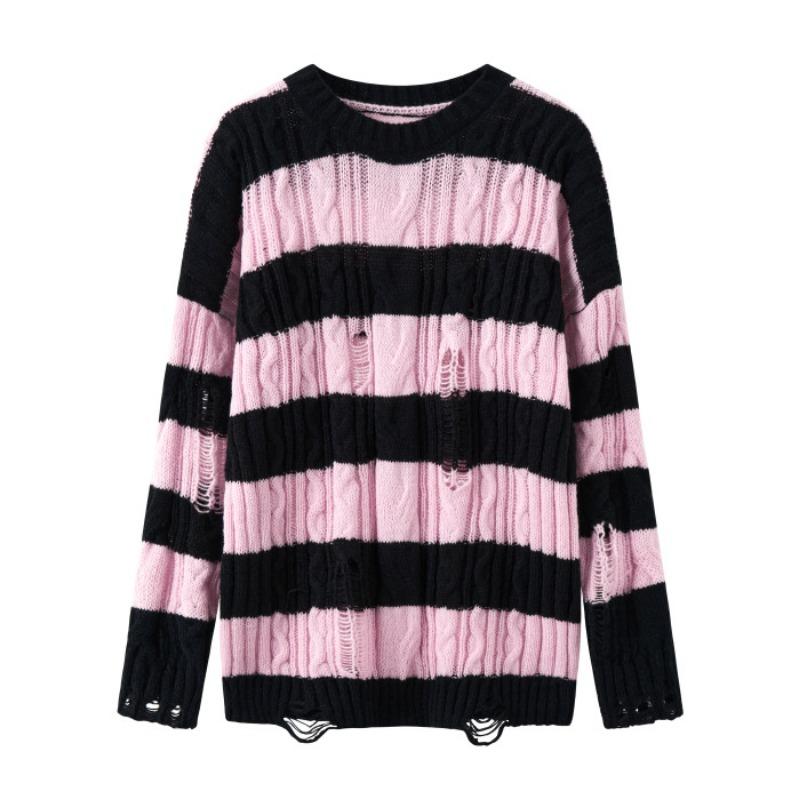 

Новый повседневный милый топ свободного ленивого стиля в полоску для женщин на осень и зиму средней длины с полым отверстием One Size