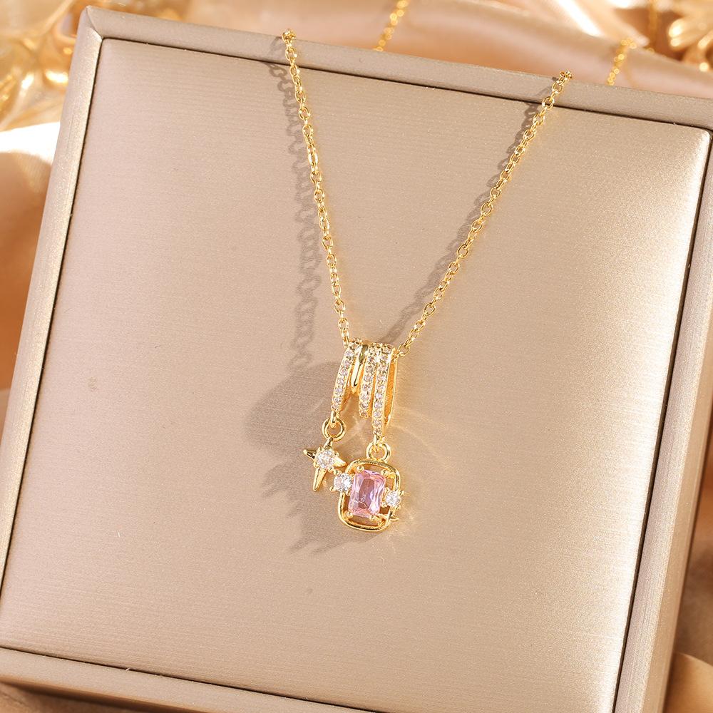 Sweet Starry Zirconia Sugar Cube Titanium Steel Necklace Women s Fashion Pendant Collarbone Chain