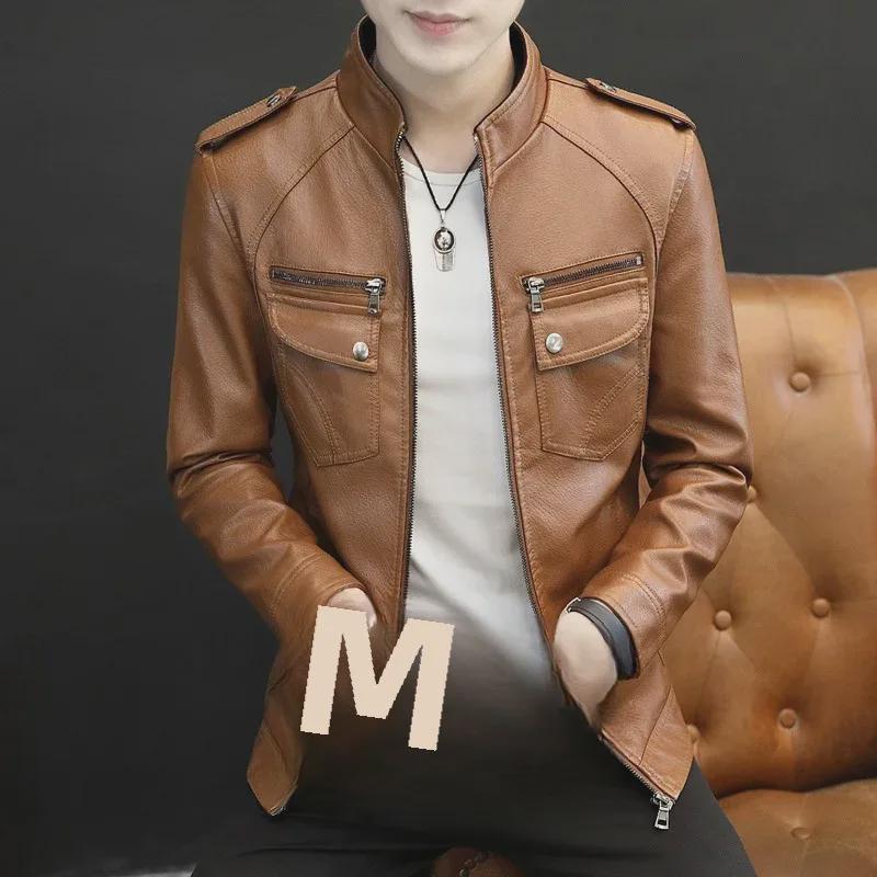 Men's Fashion Stand Collar Leather Motorcycle Jacket with Multi-Pockets for Autumn and Winter