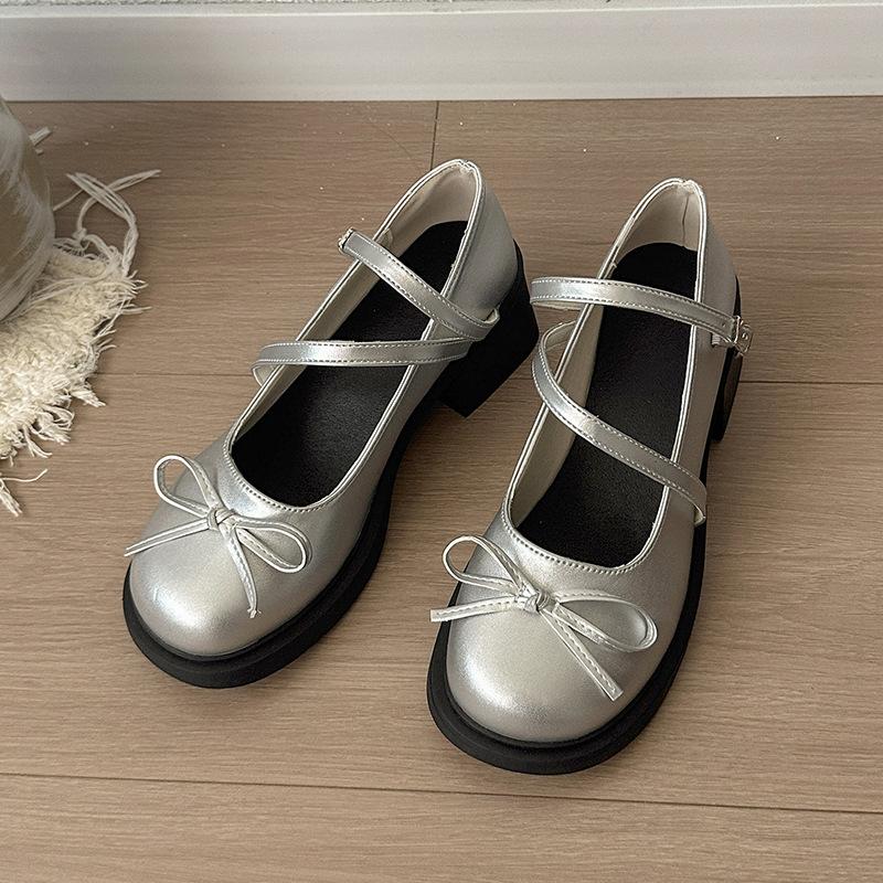 

2025 лето толстый высокий каблук увеличение роста французские универсальные новые японские jk бантик маленькие кожаные туфли женские туфли Мэри Джейн 40 серебряный
