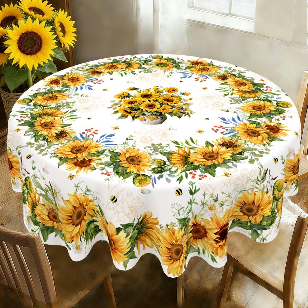 Sunflower Tablecloth Bee Floral Pattern Polyester Table Cover for Farmhouse Wedding Table Decor Spring Summer Party Supplies
