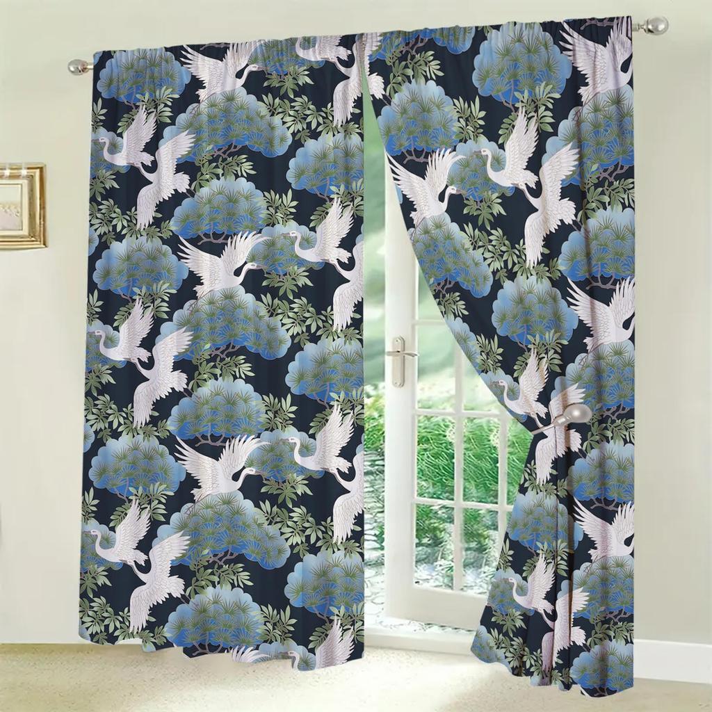 2pcs Japanese Style Hot-scalding Crane Curtains   Sunshade and Privacy-protecting Pole-style Curtains