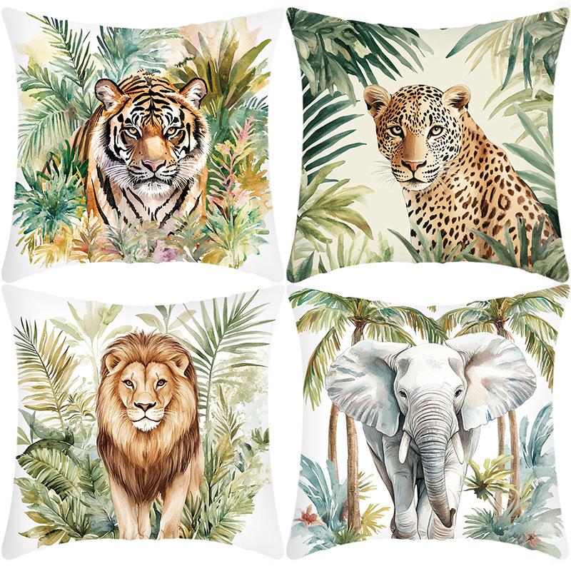 Wildlife Forest Pillowcase, Short Plush Linen Printed Cushion Pillowcase with Wild Animal Pattern