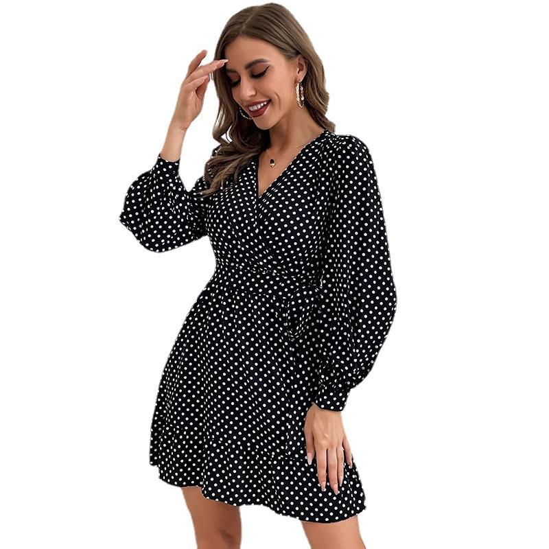 Temperament and Elegance Outer Wear Fashion Women's Polka Dot Long Sleeve V-Neck Black Bottom Dresses