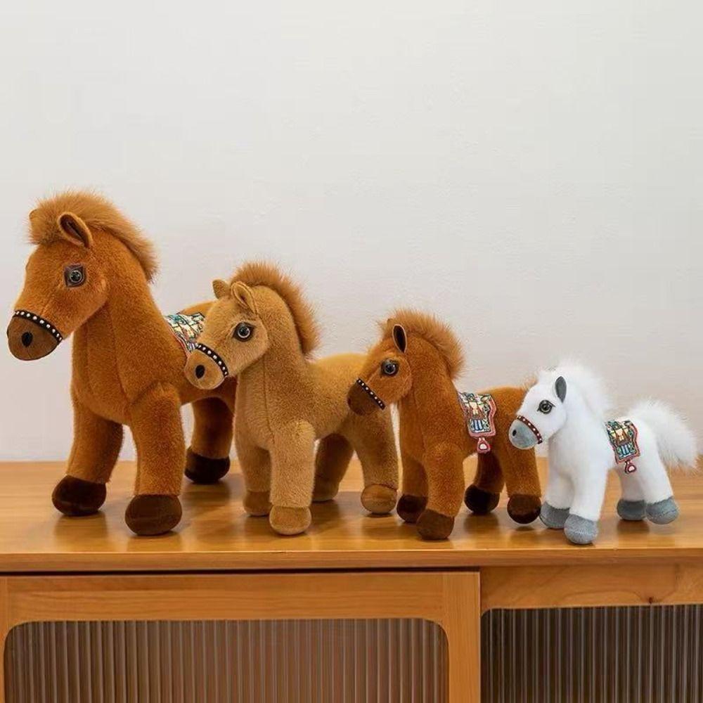 Saddle Standing Foal Plush Doll Long Mane Cartoon Horse Stuffed Toy Room Decoration