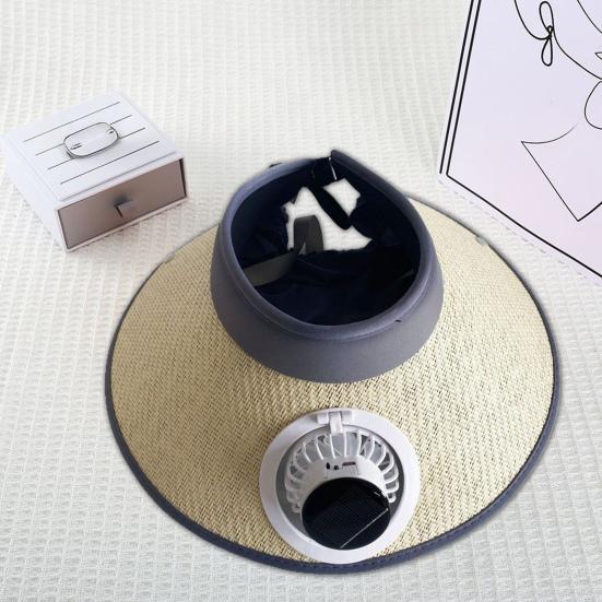 Wide Brim Sun Hat with Built-in Fan Summer Outdoor Straw Visor Hat with Solar/USB Powered Fan for Camping Fishing Hiking