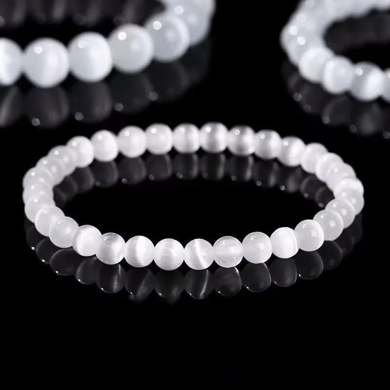 Natural White Cat Eyes Stone Bracelet Women 6/8/10mm Smooth Beaded Braslet Gifts For Lovers Moonstone Braclet
