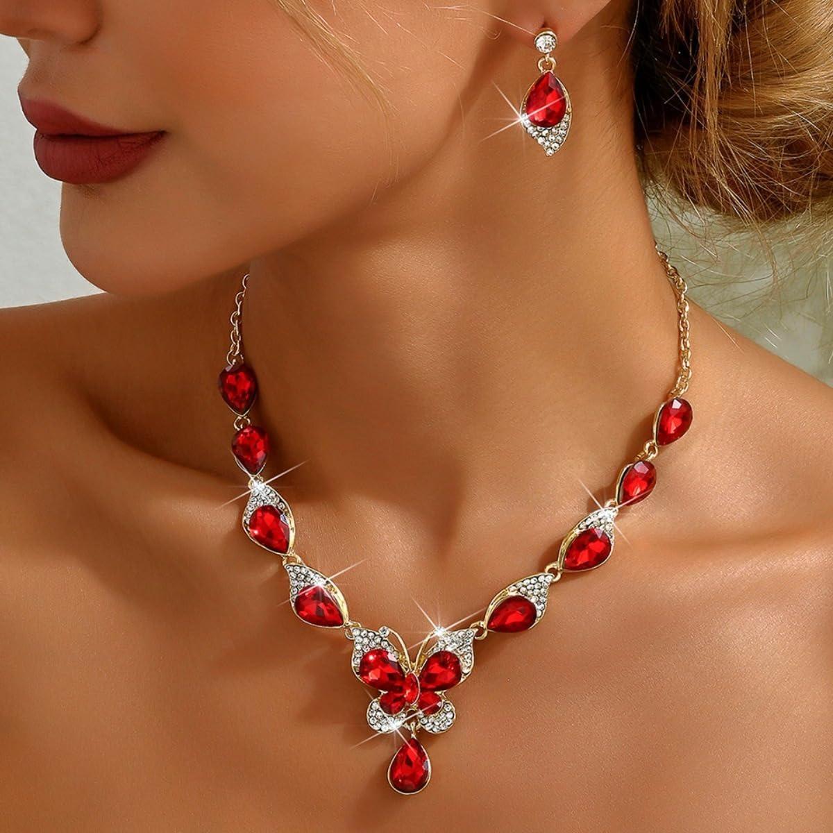 

Последний стильный дизайн Роскошный свадебный вечерний хрустальный набор ожерелья и украшений для женщин Onesize красный
