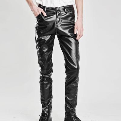 Men Faux Leather Pants Slim Fit Elastic Glossy Solid Color Mid Waist Breathable Soft Pockets Ankle Length Streetwear Hip Hop Club Pencil Pants