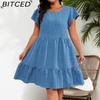 Plus Size O-Neck Ruffled Sleeve Fitted Waist Resort Casual Elegant Dress