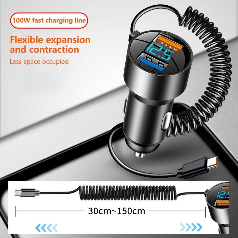 High Speed Charging Car Adapter Double Port Car Power Supply Equipped Type C Coiled Cord for Efficient Charging
