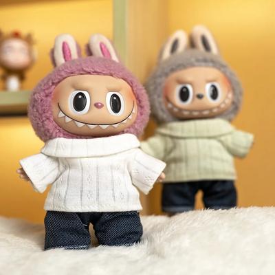 17 cm süße Mini-Plüsch-Puppenkleidung, Outfit-Zubehör für Labubu Idol-Puppen, Revers-T-Shirt und Jeans, zweiteiliges Set, DIY-Geschenk für Mädchen
