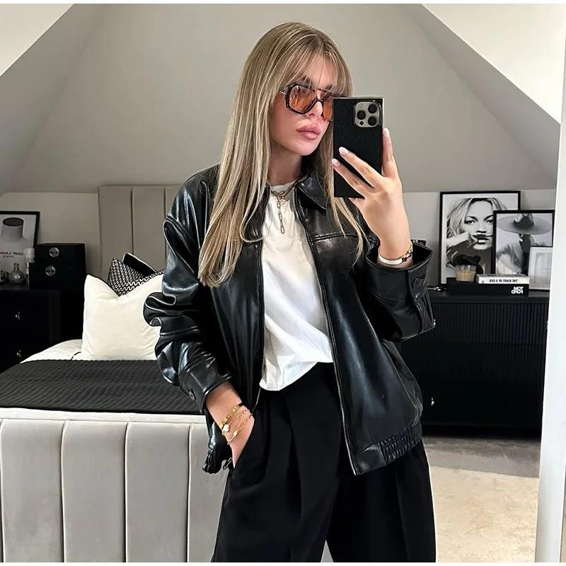 Women's Summer Fashion Temperament Autumn and Winter New Imitation Leather Bomber Jacket