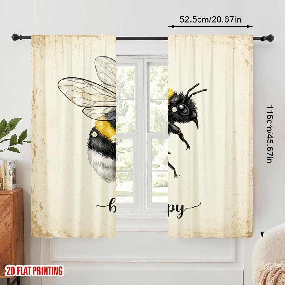 2pcs 2D Flat Printing Curtains Bumblebee Flower Happy 100% Polyester Without Electricity Party Decorations Perfect for Indoor
