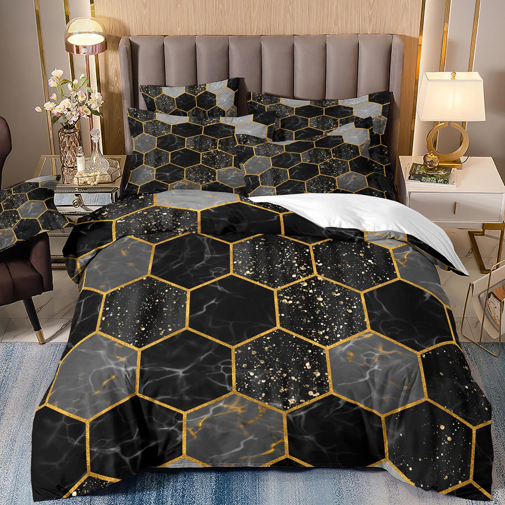 

3D Digital Printing Light Luxury Geometric Honeycomb Stone Pattern Bedding Quilt Cover Three-Piece Set cover 70 * 133 and 50 * 75 * 1
