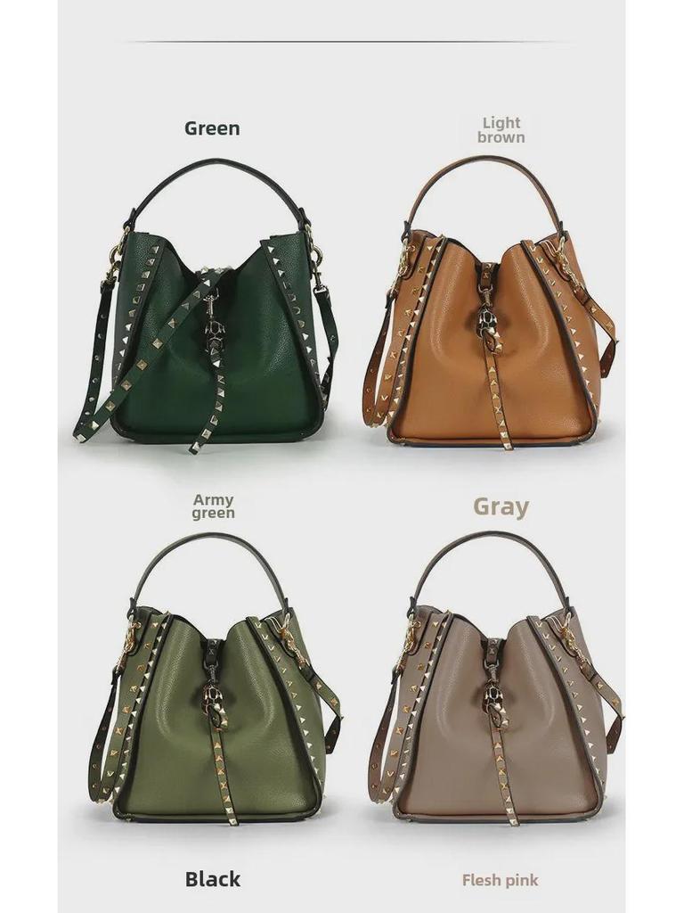 Women's Retro Rivet Cowhide Bucket Bag with Leopard Head Design