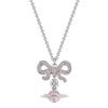 Empress Dowager's Silver Pink Zircon Bow and Orb Planet Stud Earrings Necklace
