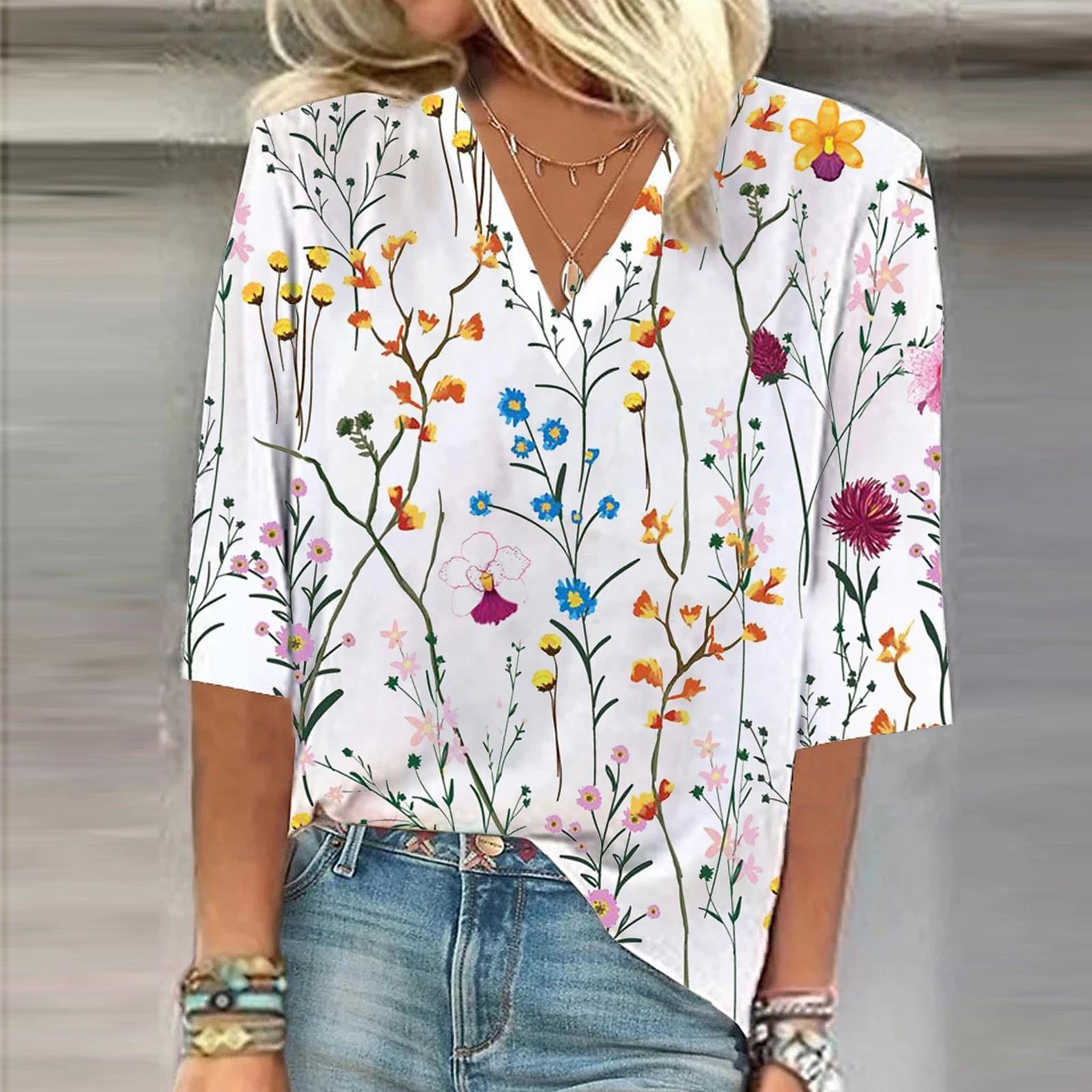 

Женская рубашка, блузка, повседневные свободные рубашки, рукава 3/4, топы с v-образным вырезом и принтом, топы с принтом, футболки, футболки XXXL белый